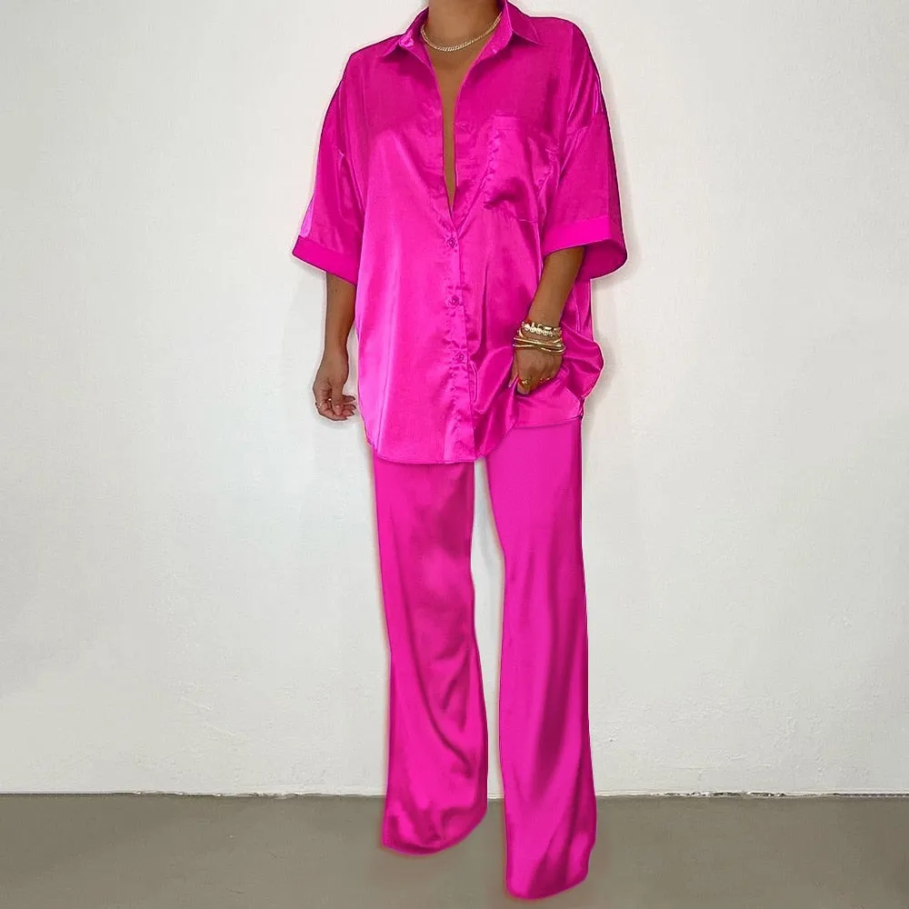 Button Up Satin Two Piece Set