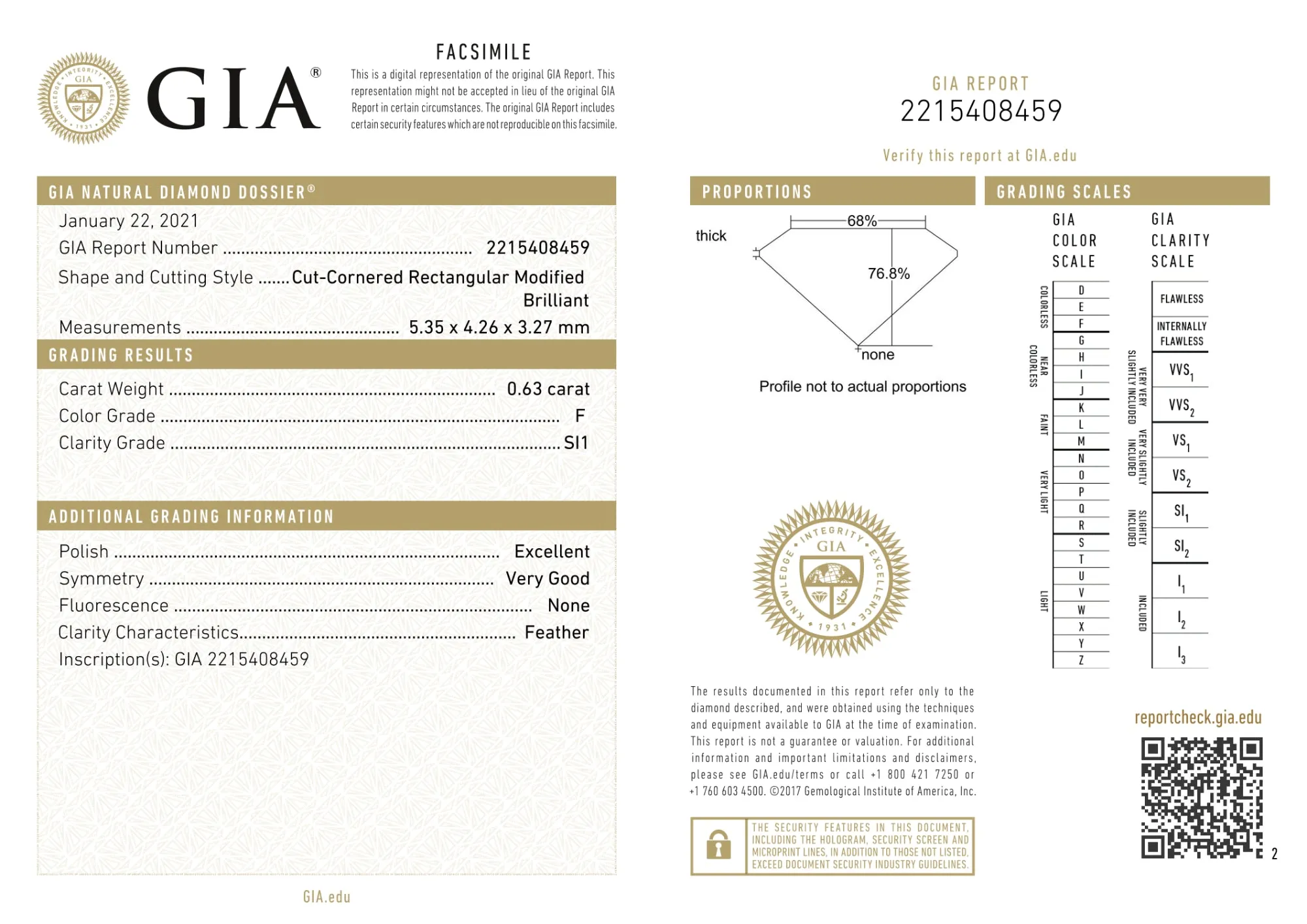 Certified 0.63 Ct Radiant cut F SI1 Loose Diamond