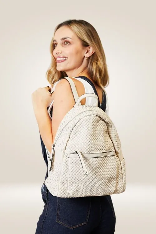 Chic Beige Woven-Texture Vegan Leather Backpack