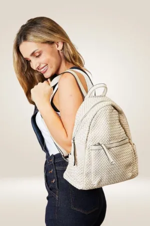 Chic Beige Woven-Texture Vegan Leather Backpack
