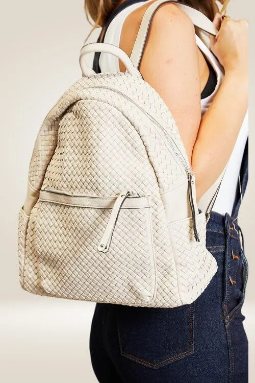Chic Beige Woven-Texture Vegan Leather Backpack