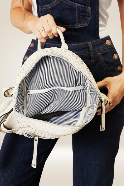 Chic Beige Woven-Texture Vegan Leather Backpack