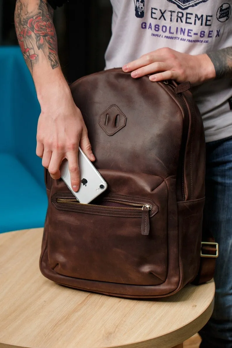 Coffee Brown Leather Backpack
