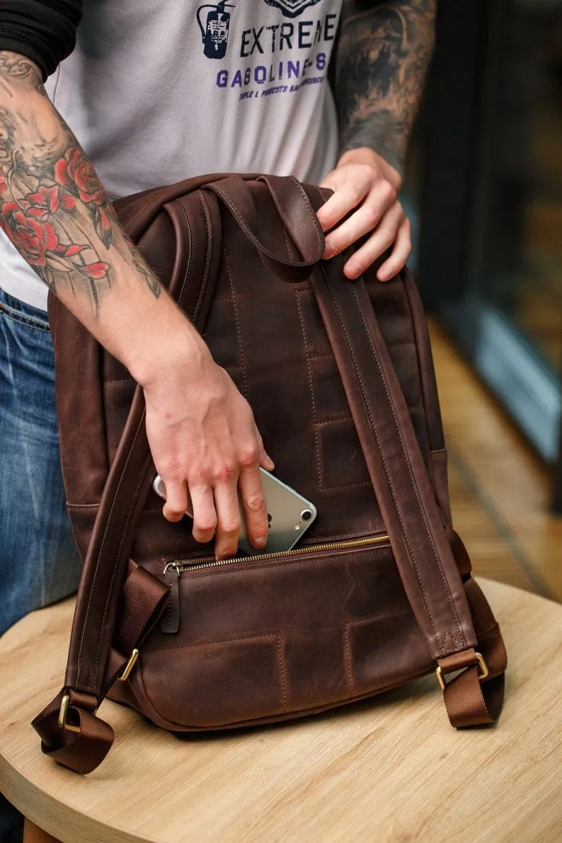 Coffee Brown Leather Backpack