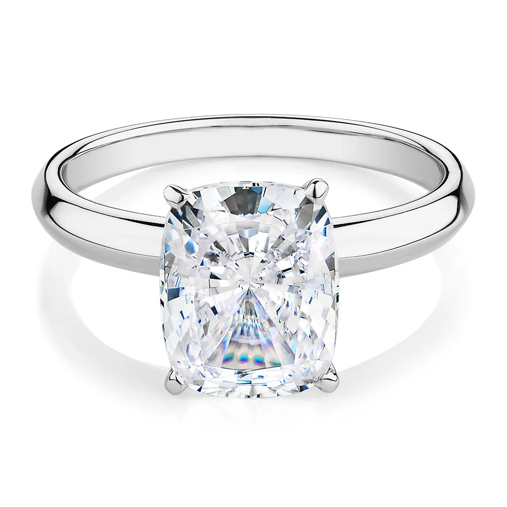 Cushion Radiant solitaire engagement ring with 3.49 carat* diamond simulant in 14 carat white gold