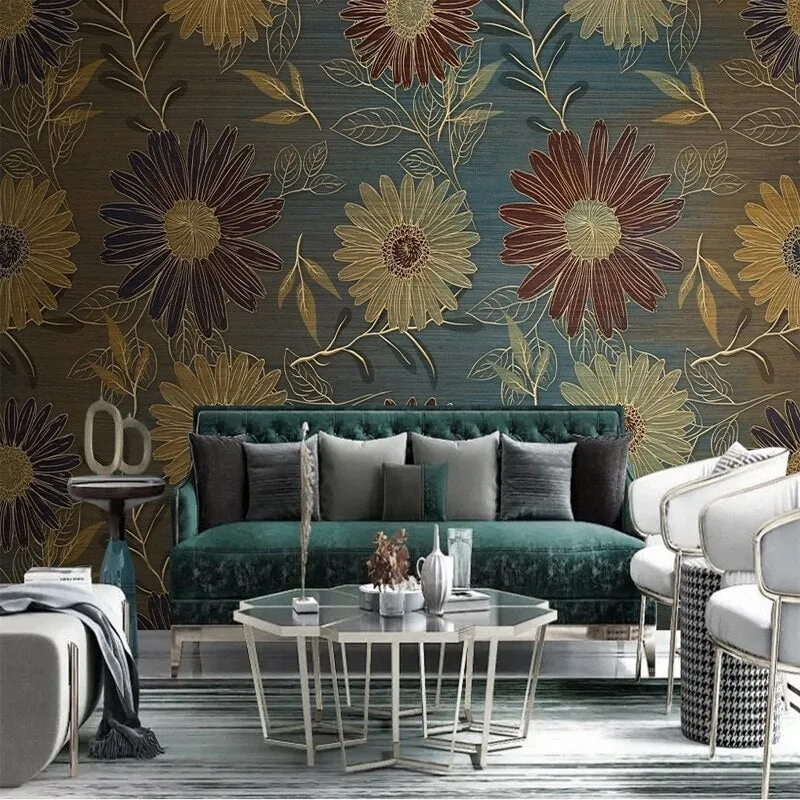 Custom Mural Wallpaper Retro Flowers Plants Pattern (㎡)