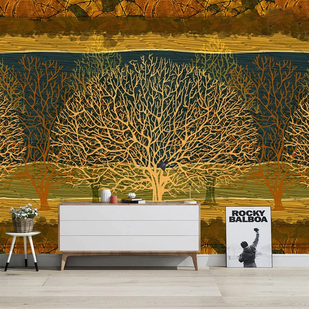 Custom Wallpaper Mural Abstract Art Retro Golden Trees (㎡)