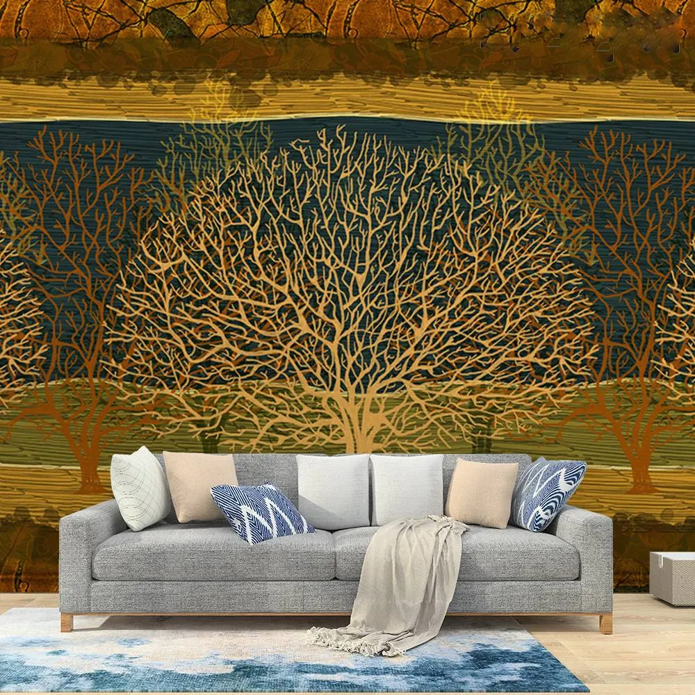Custom Wallpaper Mural Abstract Art Retro Golden Trees (㎡)