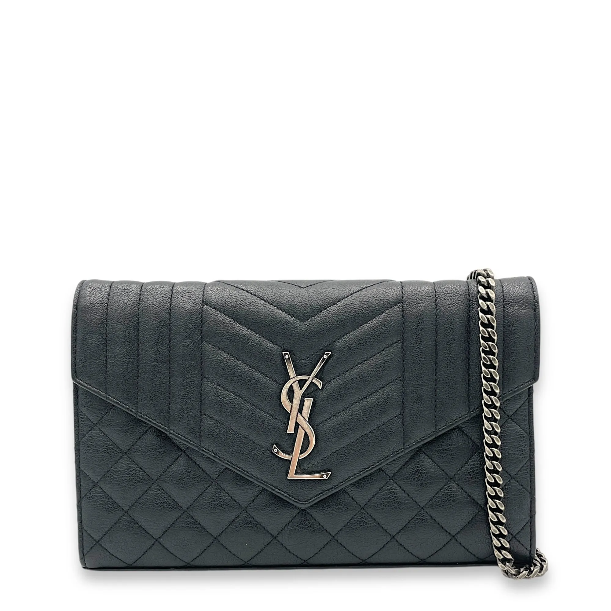 Envelope Wallet On Chain Black in Calfskin, Silver hardware