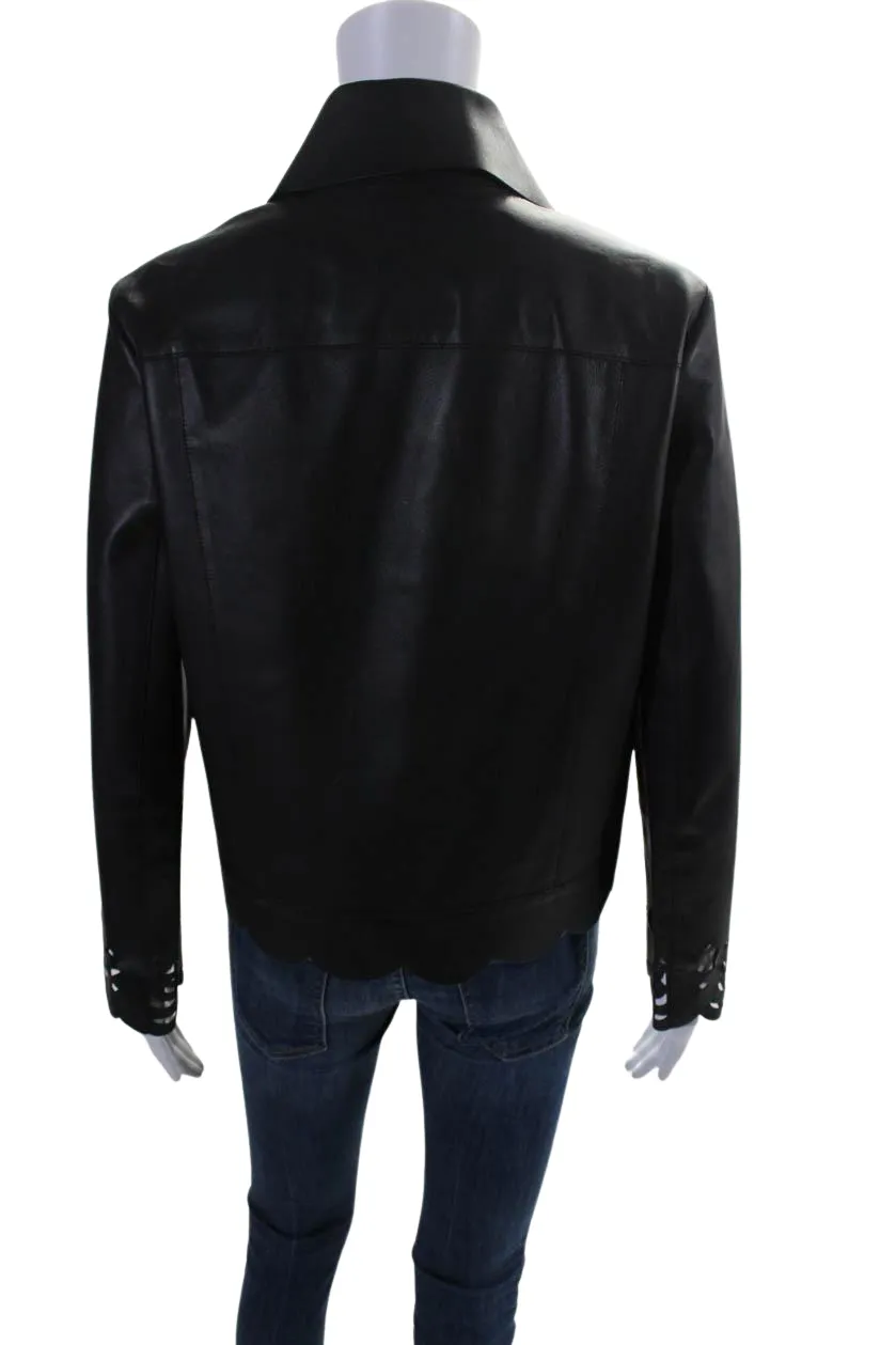 Fendi Womens Laser Cut Full Zip Bow Detail Leather Jacket Black