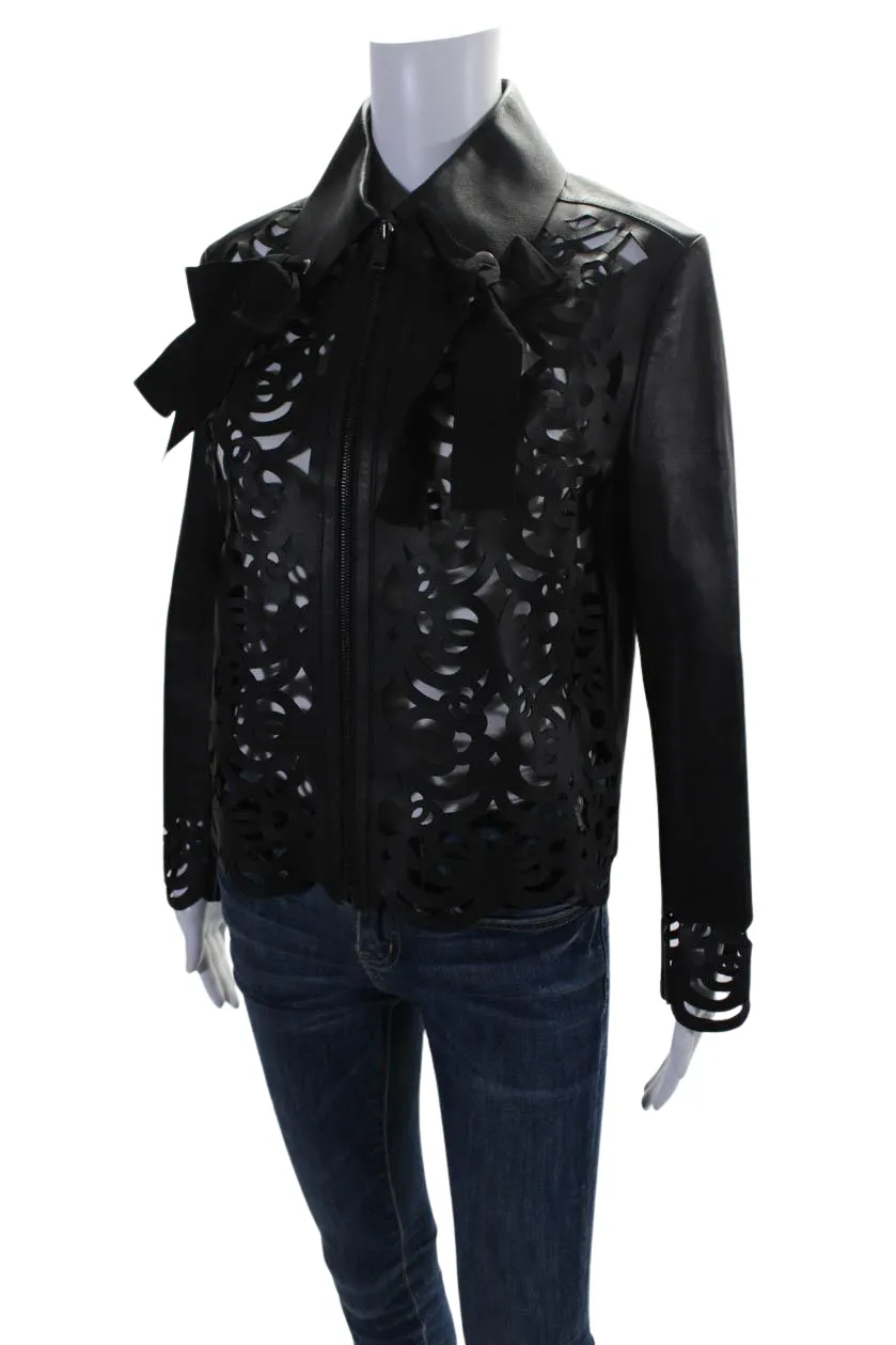 Fendi Womens Laser Cut Full Zip Bow Detail Leather Jacket Black