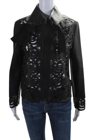 Fendi Womens Laser Cut Full Zip Bow Detail Leather Jacket Black