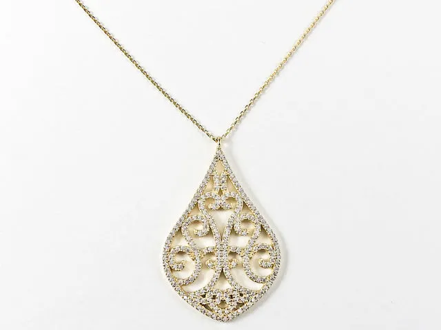 Fine Large Pear Shape Unique Tree Design CZ  Gold Tone Silver Necklace