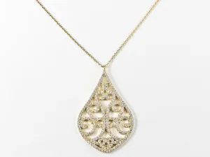 Fine Large Pear Shape Unique Tree Design CZ  Gold Tone Silver Necklace