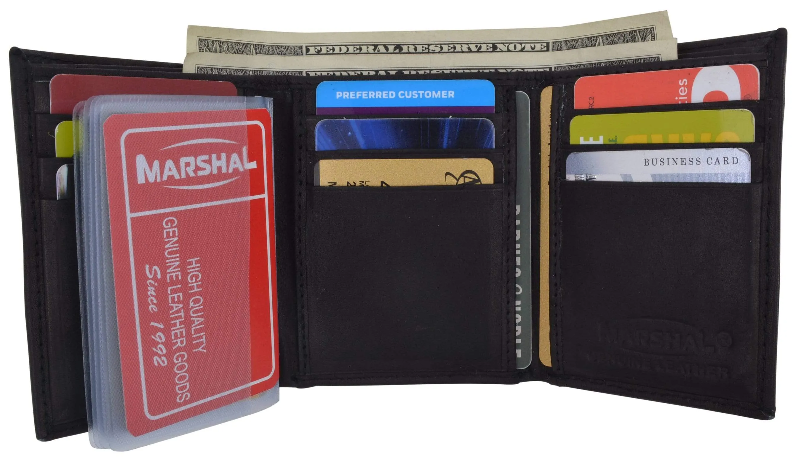 Genuine Cowhide Leather Credit Card Holder with Outside ID Window Trifold Wallet 1355 CF