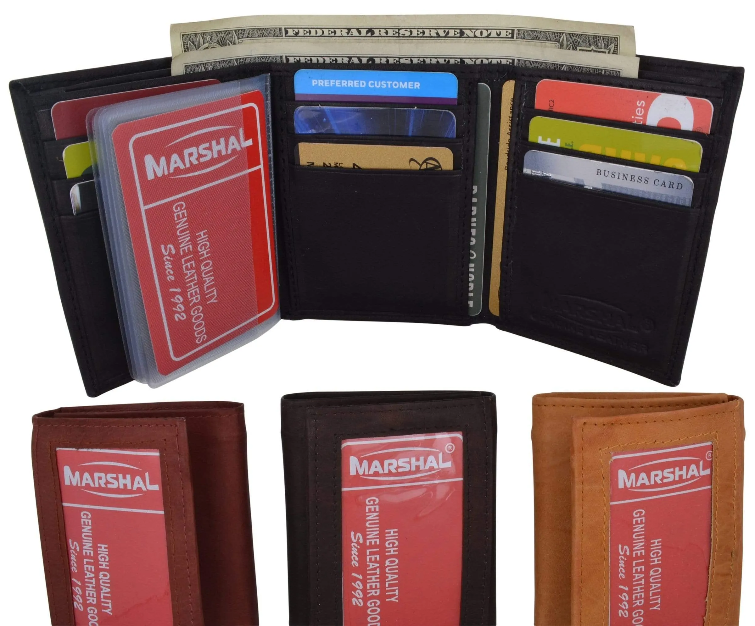 Genuine Cowhide Leather Credit Card Holder with Outside ID Window Trifold Wallet 1355 CF