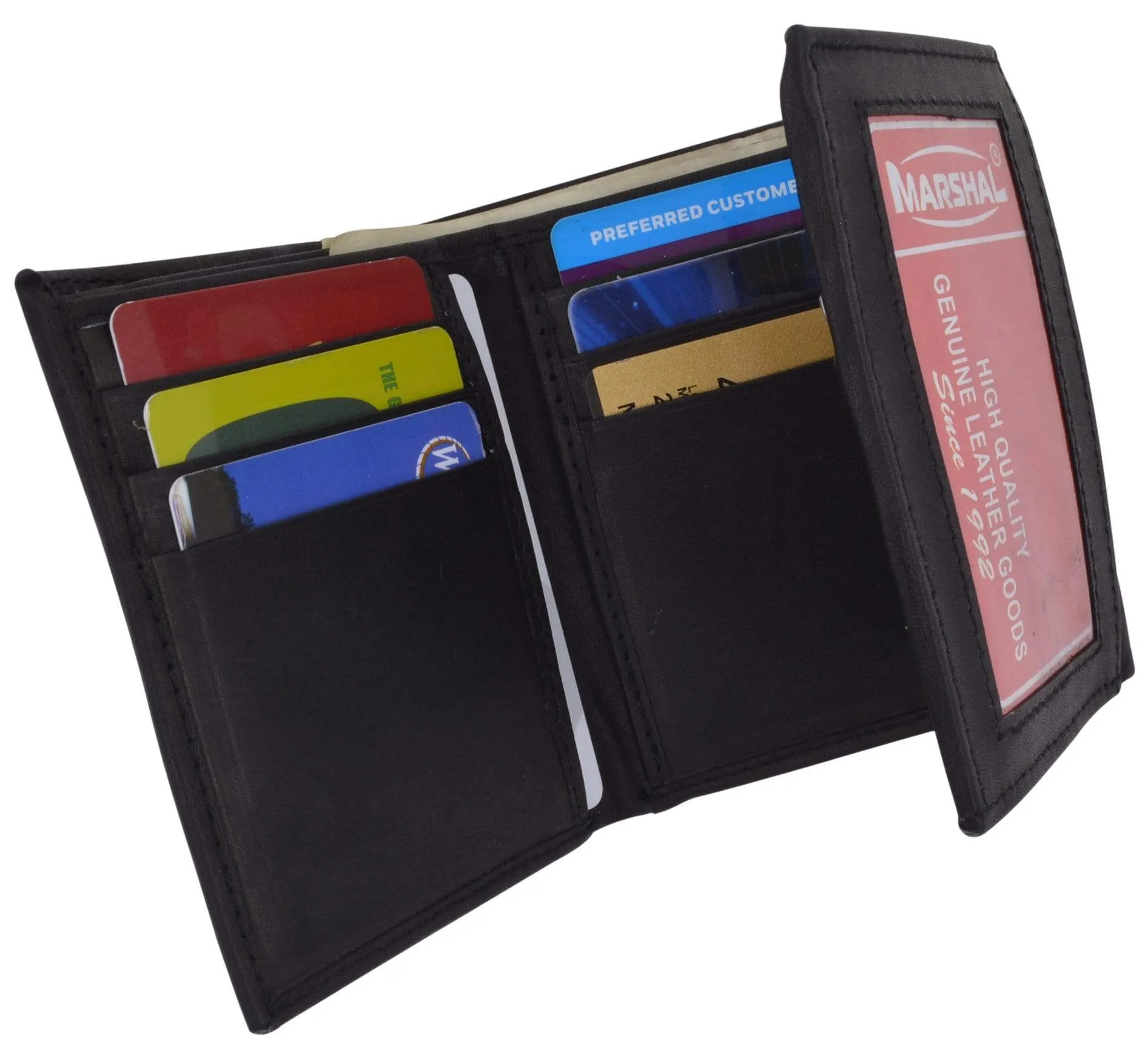 Genuine Cowhide Leather Credit Card Holder with Outside ID Window Trifold Wallet 1355 CF