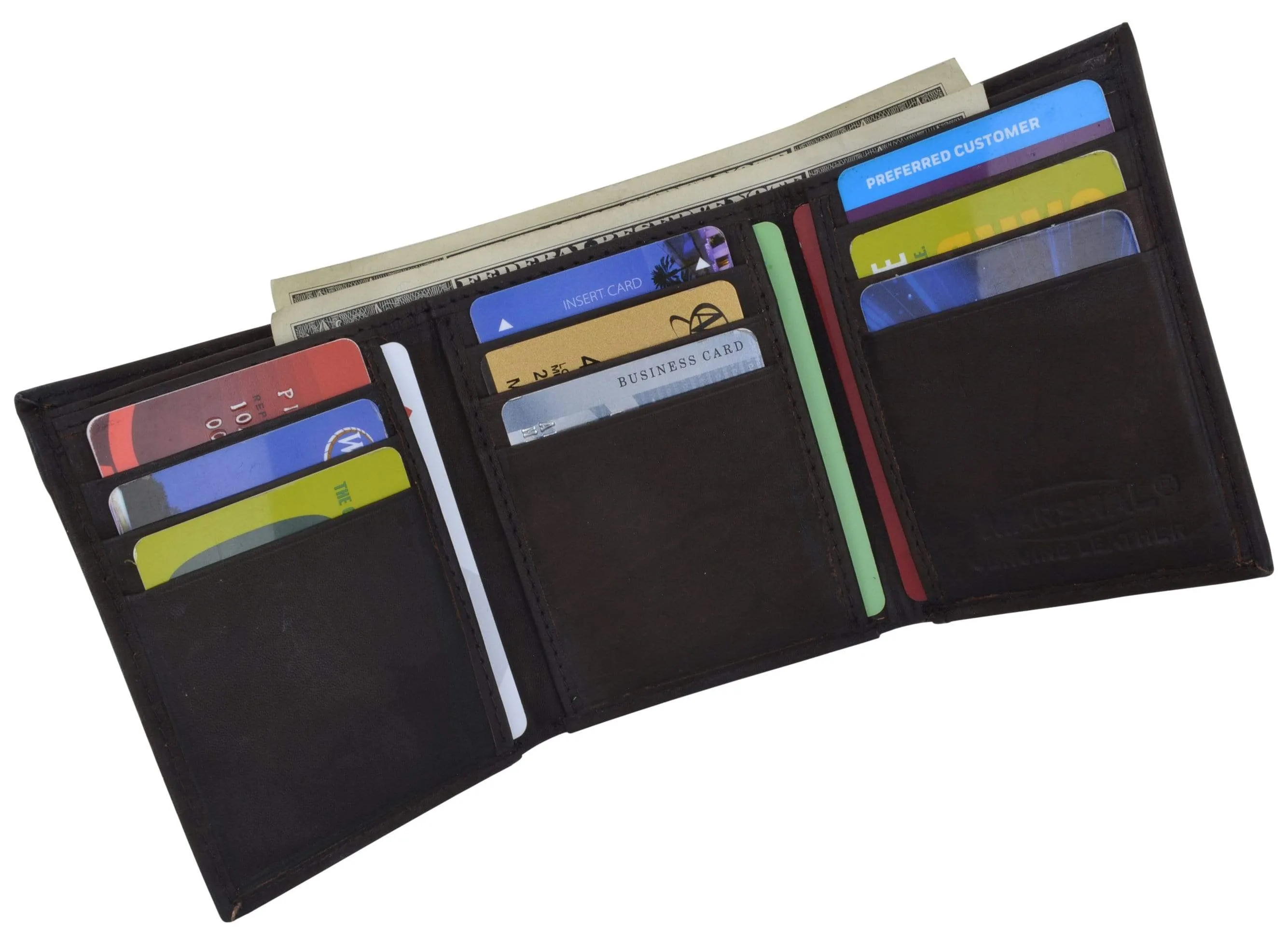 Genuine Cowhide Leather Credit Card Holder with Outside ID Window Trifold Wallet 1355 CF