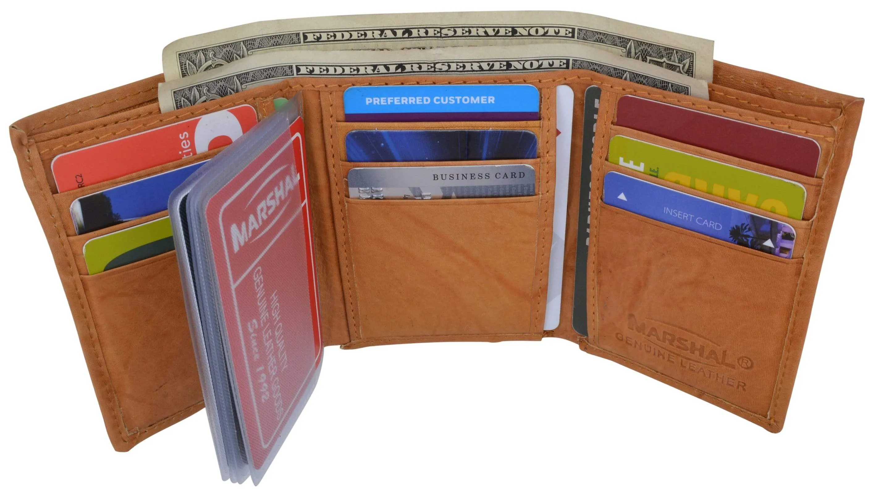 Genuine Cowhide Leather Credit Card Holder with Outside ID Window Trifold Wallet 1355 CF