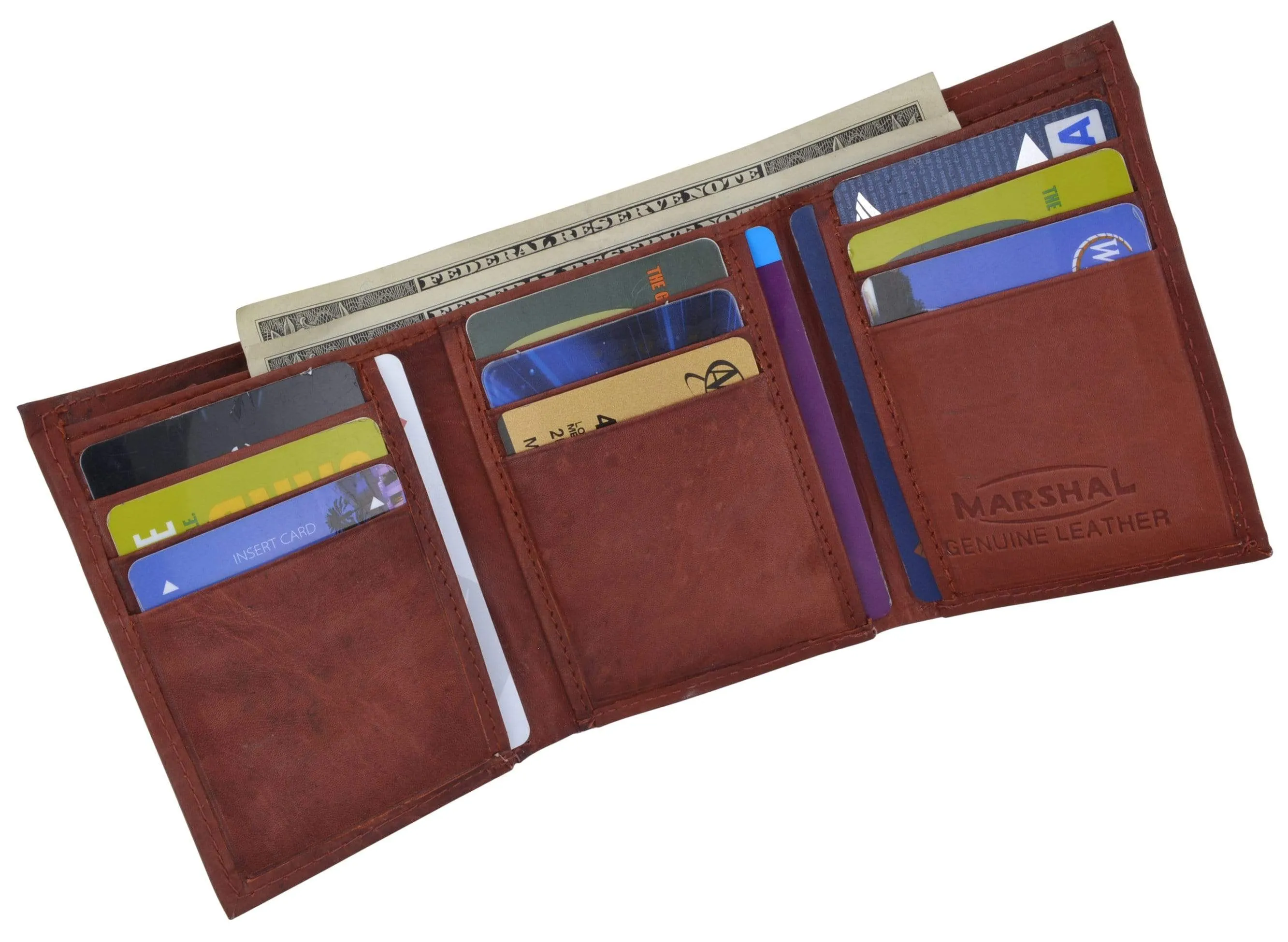 Genuine Cowhide Leather Credit Card Holder with Outside ID Window Trifold Wallet 1355 CF