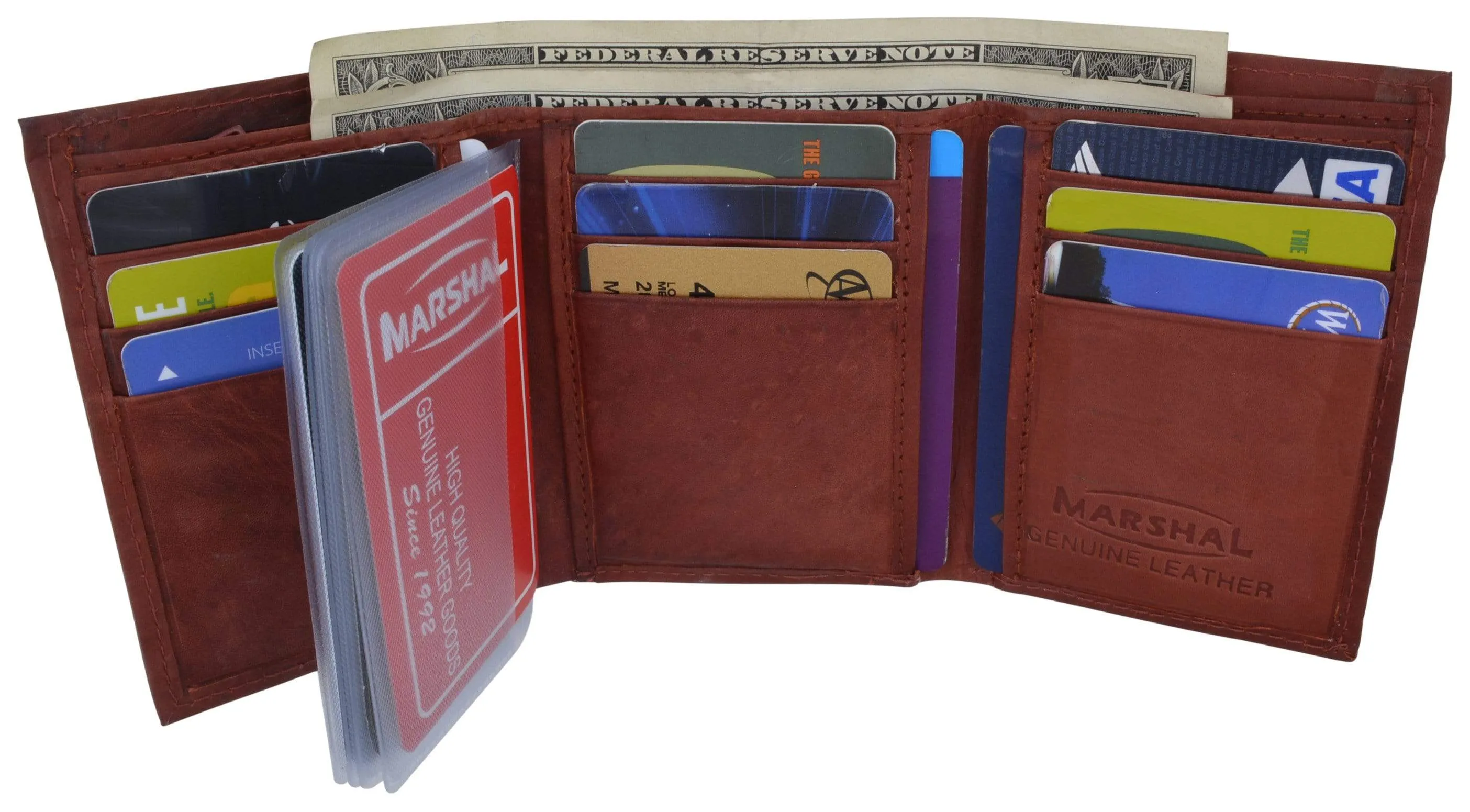 Genuine Cowhide Leather Credit Card Holder with Outside ID Window Trifold Wallet 1355 CF