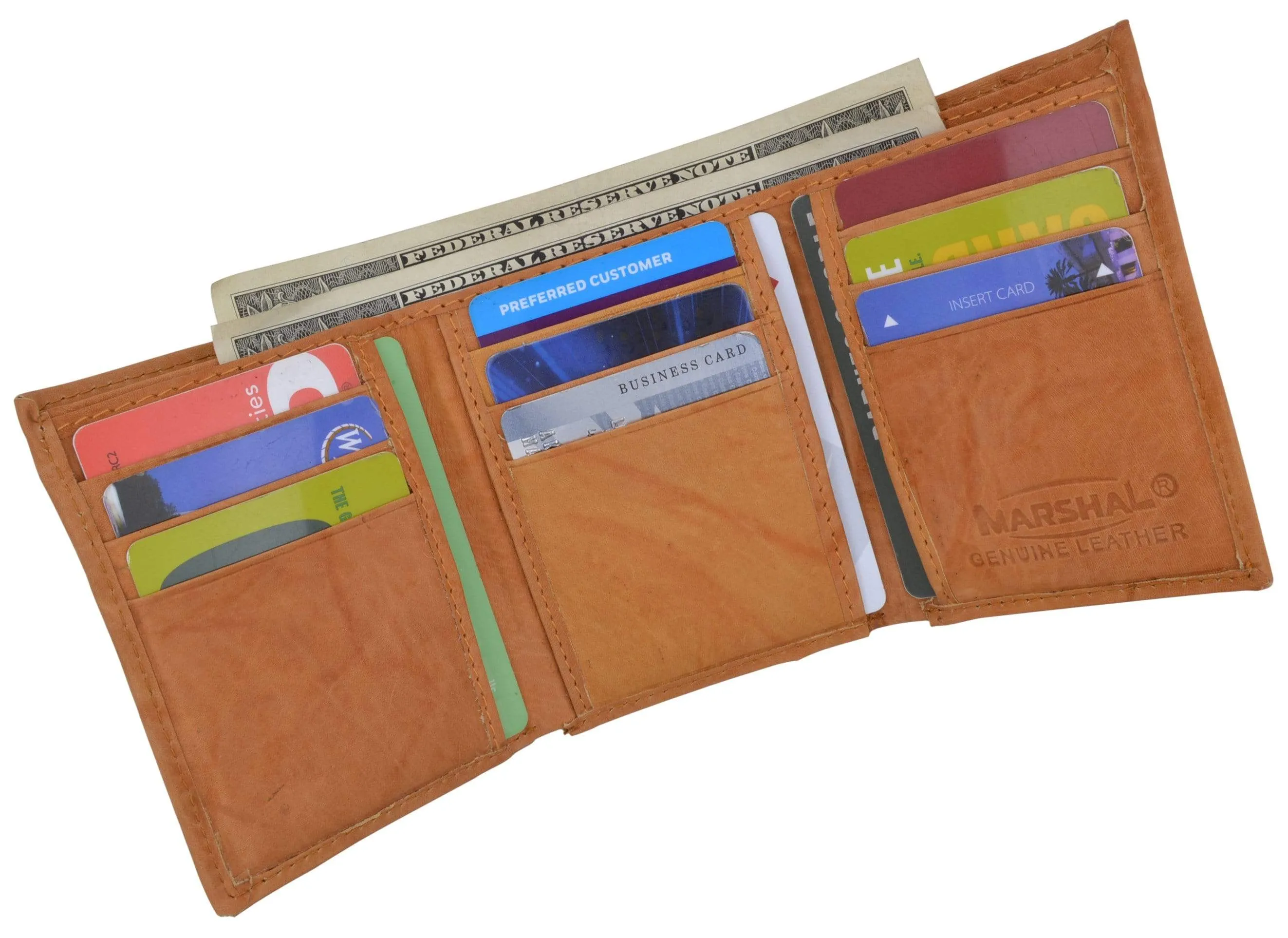 Genuine Cowhide Leather Credit Card Holder with Outside ID Window Trifold Wallet 1355 CF