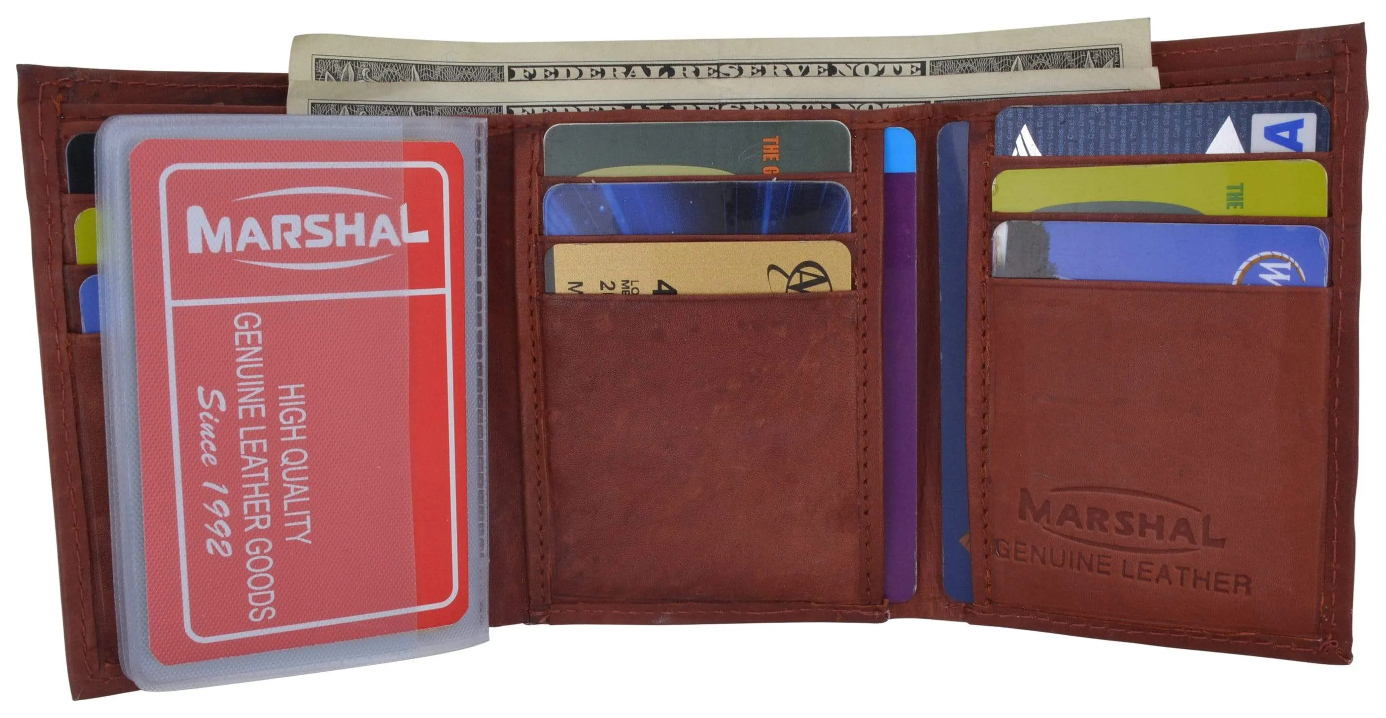 Genuine Cowhide Leather Credit Card Holder with Outside ID Window Trifold Wallet 1355 CF