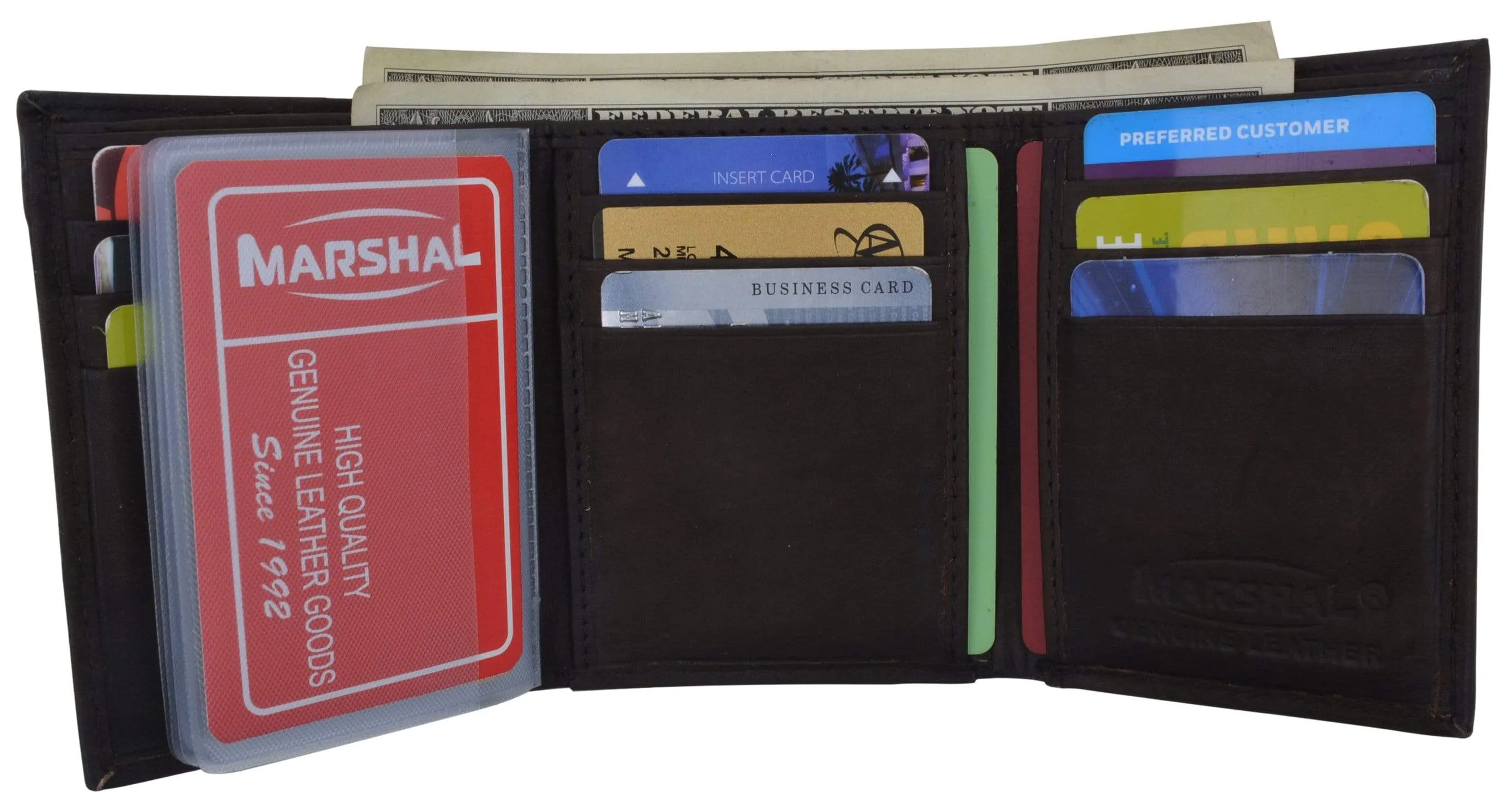 Genuine Cowhide Leather Credit Card Holder with Outside ID Window Trifold Wallet 1355 CF