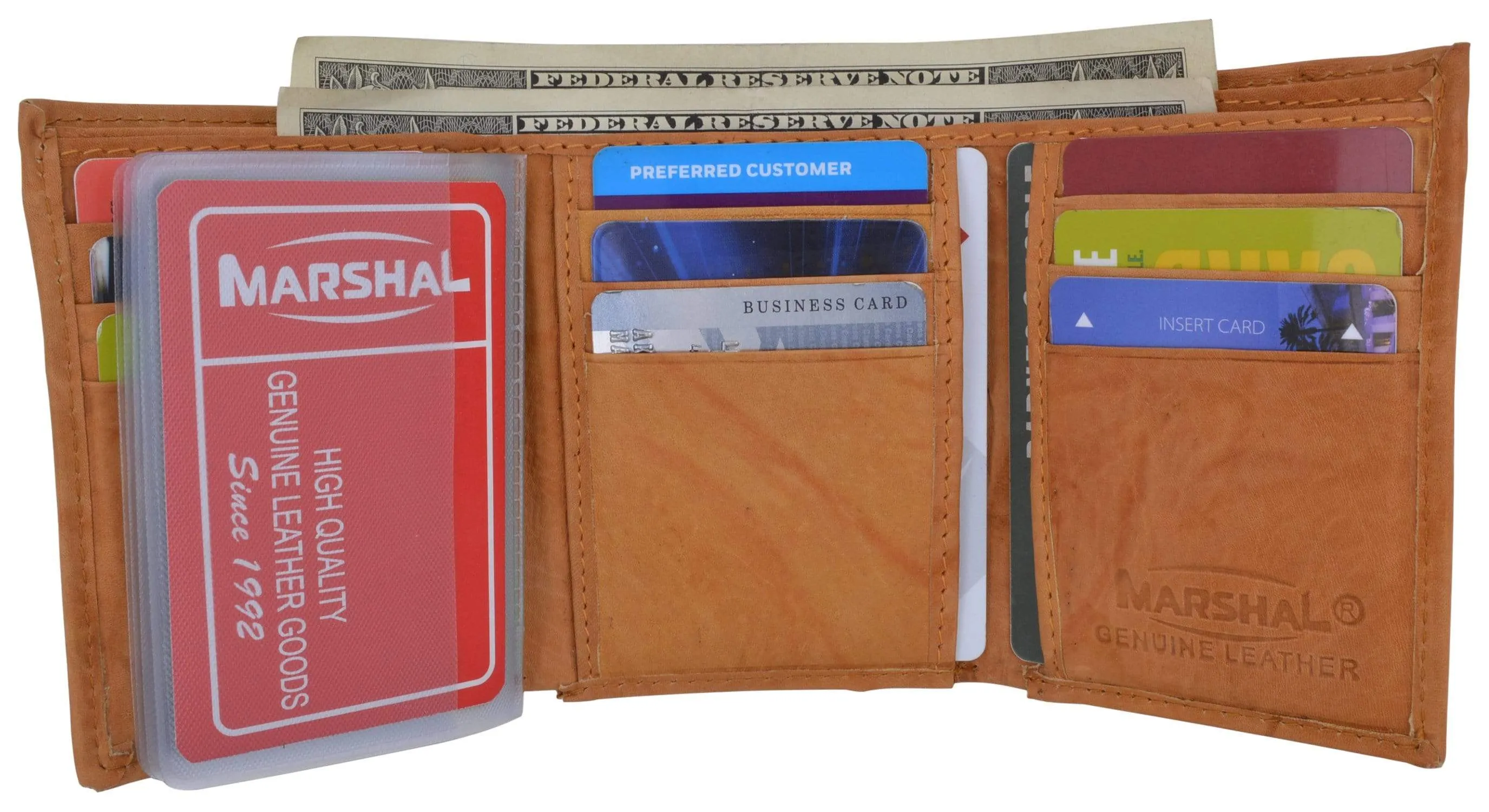 Genuine Cowhide Leather Credit Card Holder with Outside ID Window Trifold Wallet 1355 CF