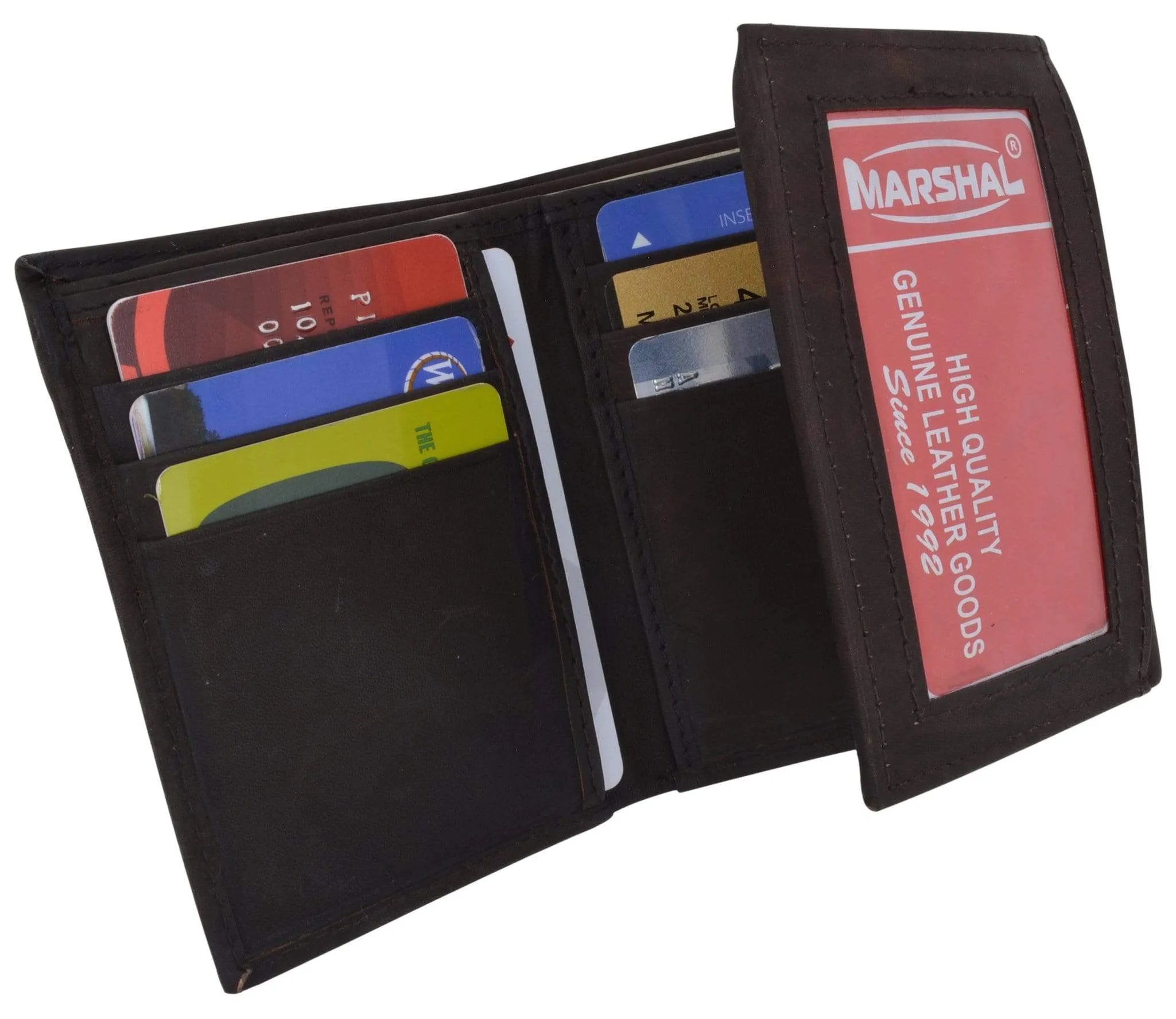 Genuine Cowhide Leather Credit Card Holder with Outside ID Window Trifold Wallet 1355 CF