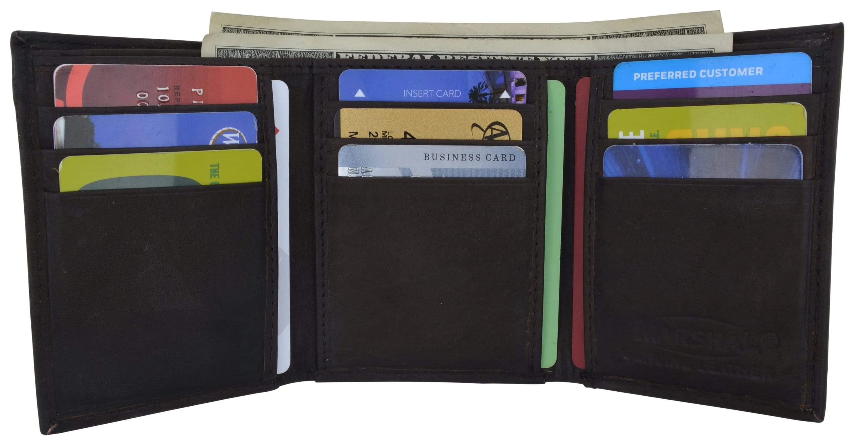 Genuine Cowhide Leather Credit Card Holder with Outside ID Window Trifold Wallet 1355 CF