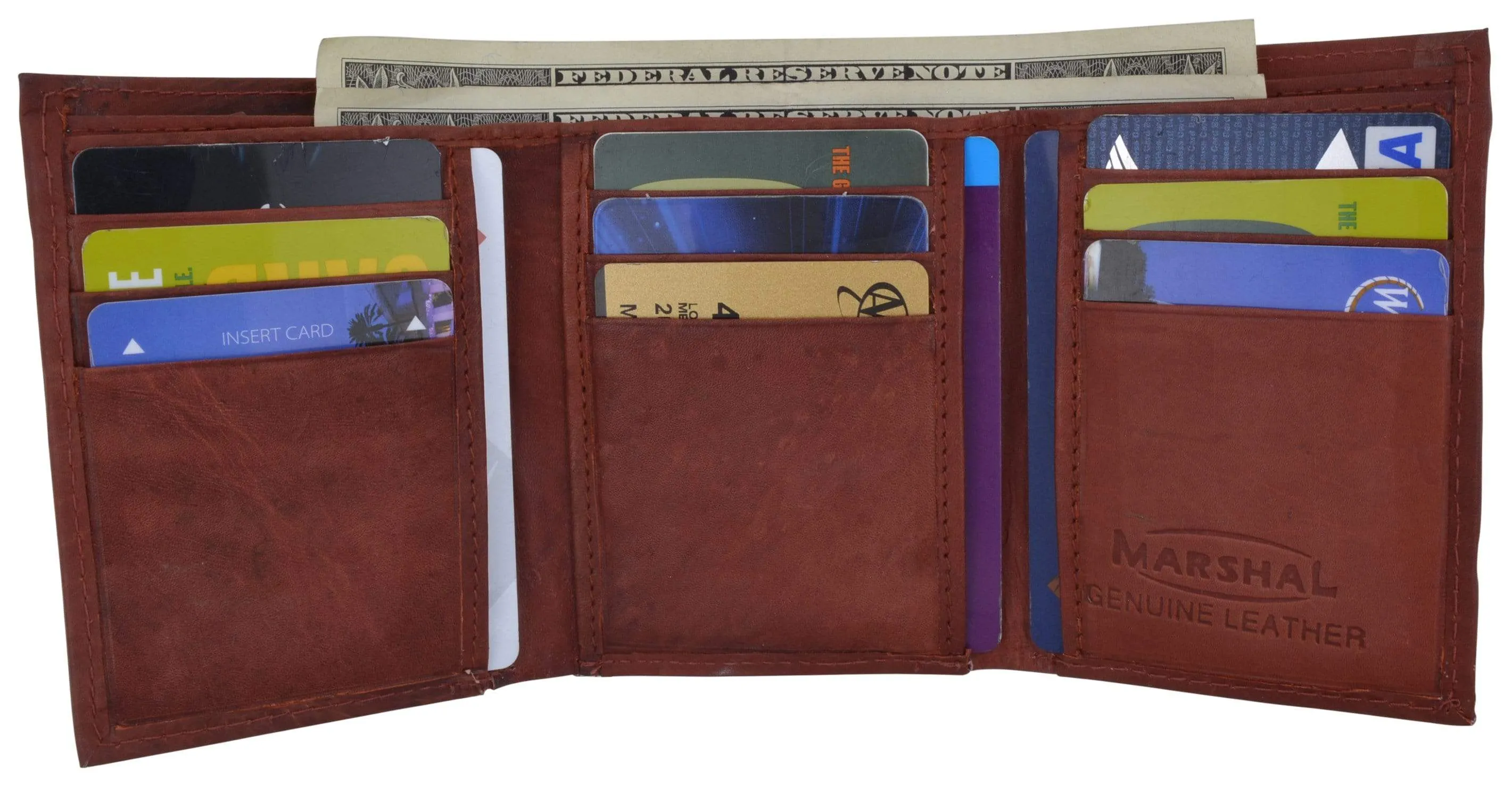 Genuine Cowhide Leather Credit Card Holder with Outside ID Window Trifold Wallet 1355 CF