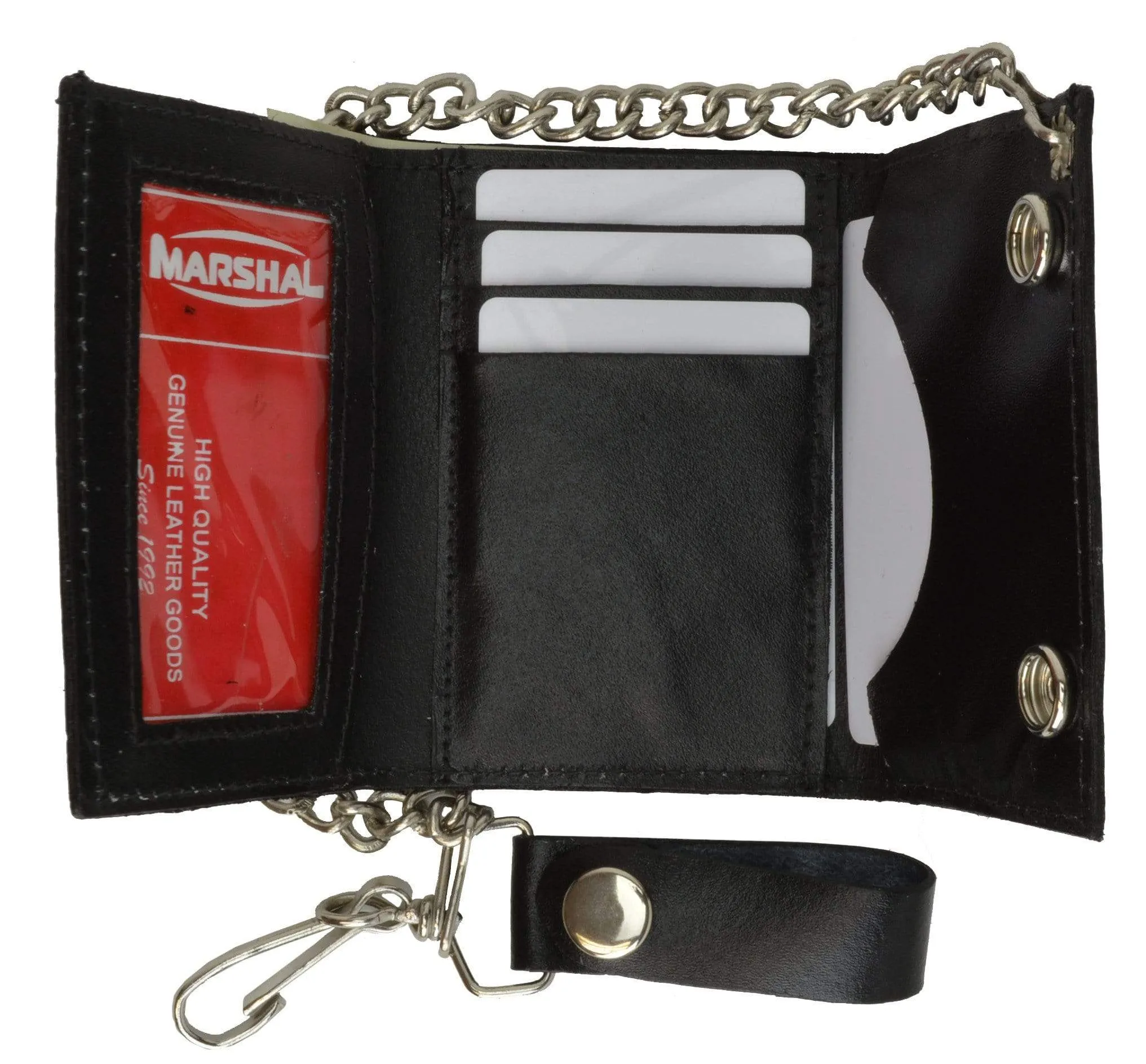 Genuine Leather Trifold Biker's Wallet ID Card Holder w/ Chain Red Chopper Cross 1046-8 (C)