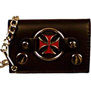 Genuine Leather Trifold Biker's Wallet ID Card Holder w/ Chain Red Chopper Cross 1046-8 (C)