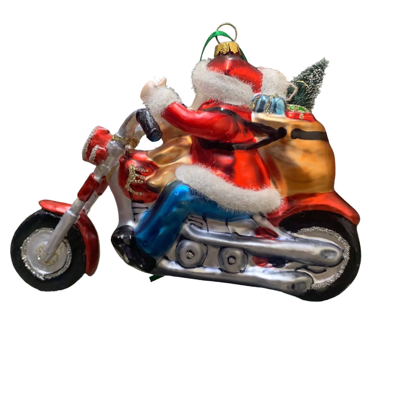 Glass blown Ornament Santa on A Motorcycle