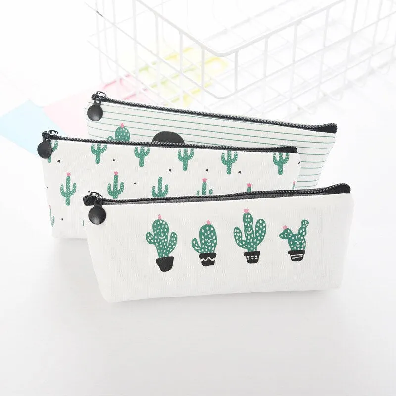Green Cactus Pencil Case Large Capacity Canvas Pencil Bag