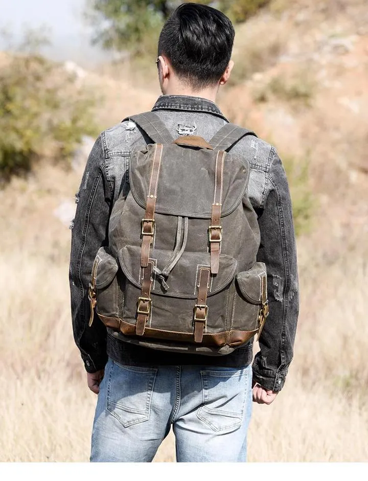 Handcrafted Waxed Canvas Leather Travel Backpack School Backpack Cool Hiking Rucksack