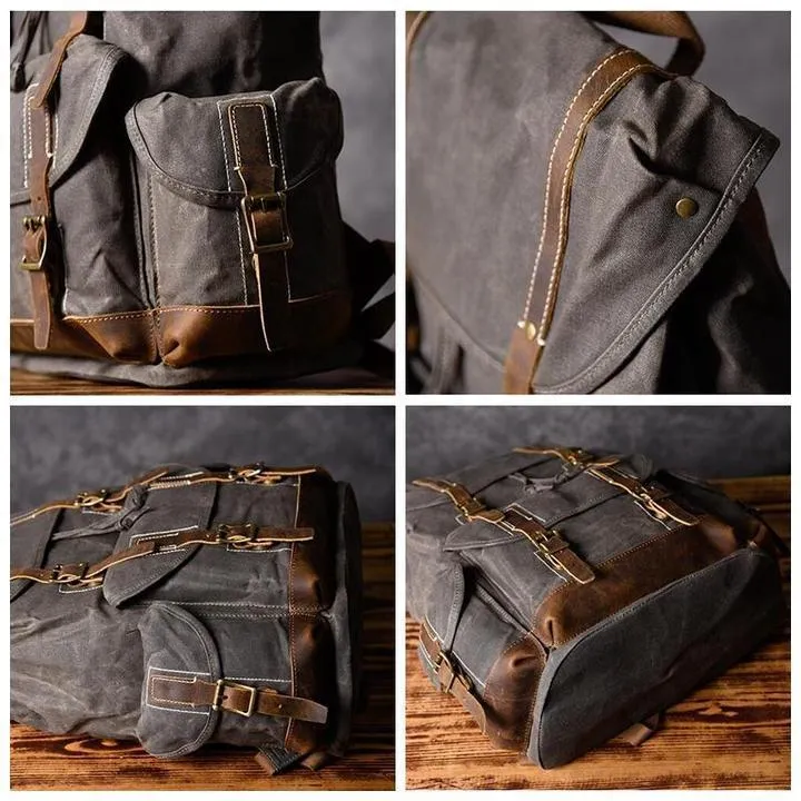 Handcrafted Waxed Canvas Leather Travel Backpack School Backpack Cool Hiking Rucksack