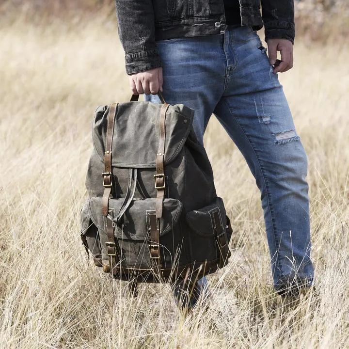 Handcrafted Waxed Canvas Leather Travel Backpack School Backpack Cool Hiking Rucksack