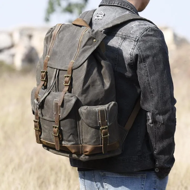 Handcrafted Waxed Canvas Leather Travel Backpack School Backpack Cool Hiking Rucksack