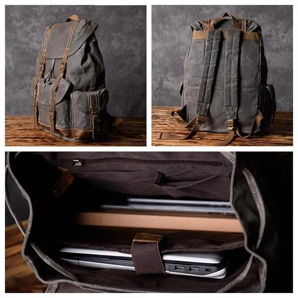 Handcrafted Waxed Canvas Leather Travel Backpack School Backpack Cool Hiking Rucksack