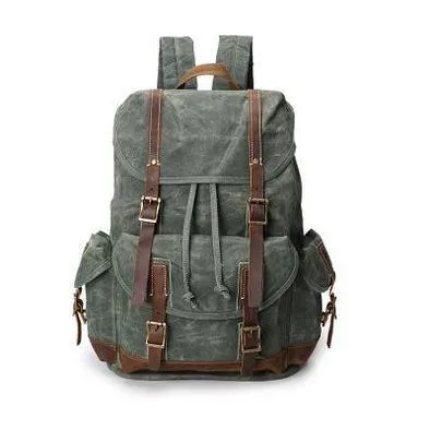 Handcrafted Waxed Canvas Leather Travel Backpack School Backpack Cool Hiking Rucksack