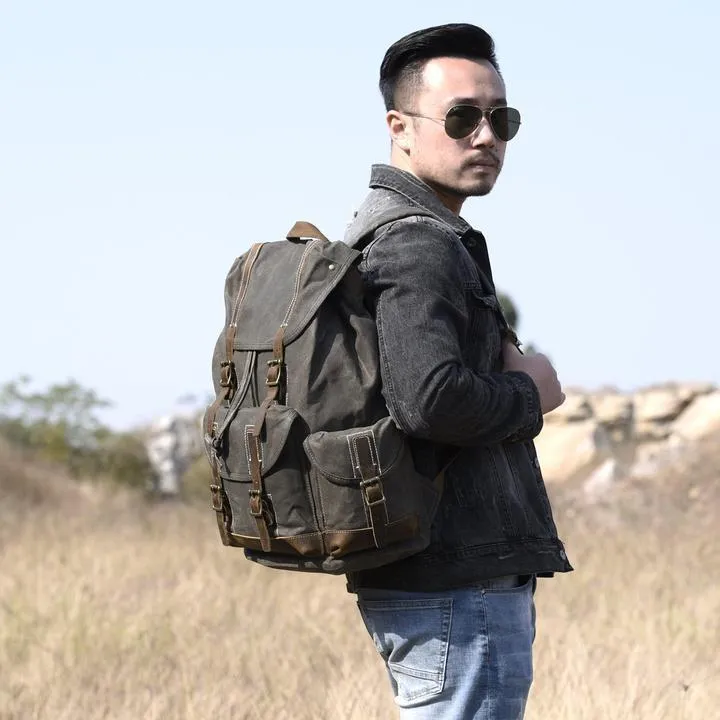 Handcrafted Waxed Canvas Leather Travel Backpack School Backpack Cool Hiking Rucksack