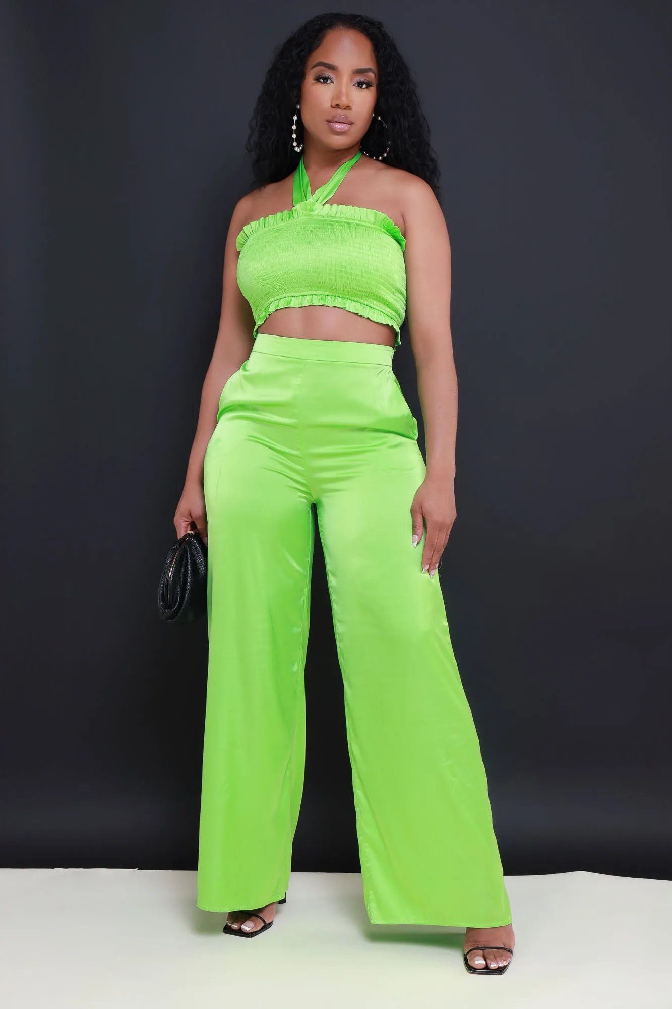 Hold Me Close Satin Cropped Pants Set - Green