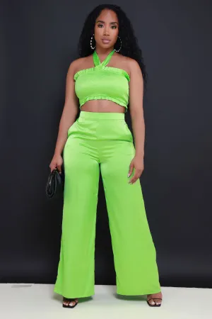 Hold Me Close Satin Cropped Pants Set - Green