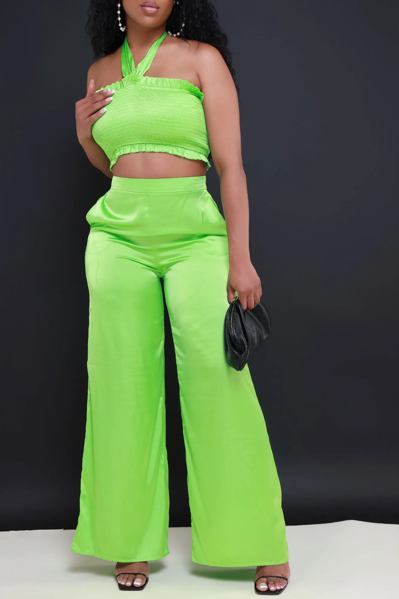 Hold Me Close Satin Cropped Pants Set - Green
