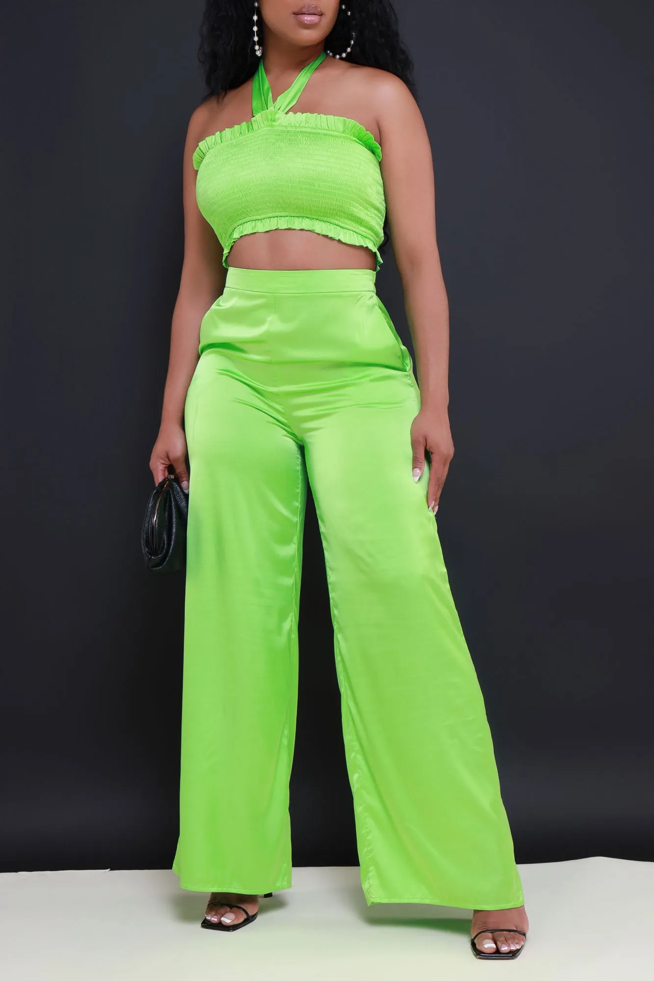 Hold Me Close Satin Cropped Pants Set - Green
