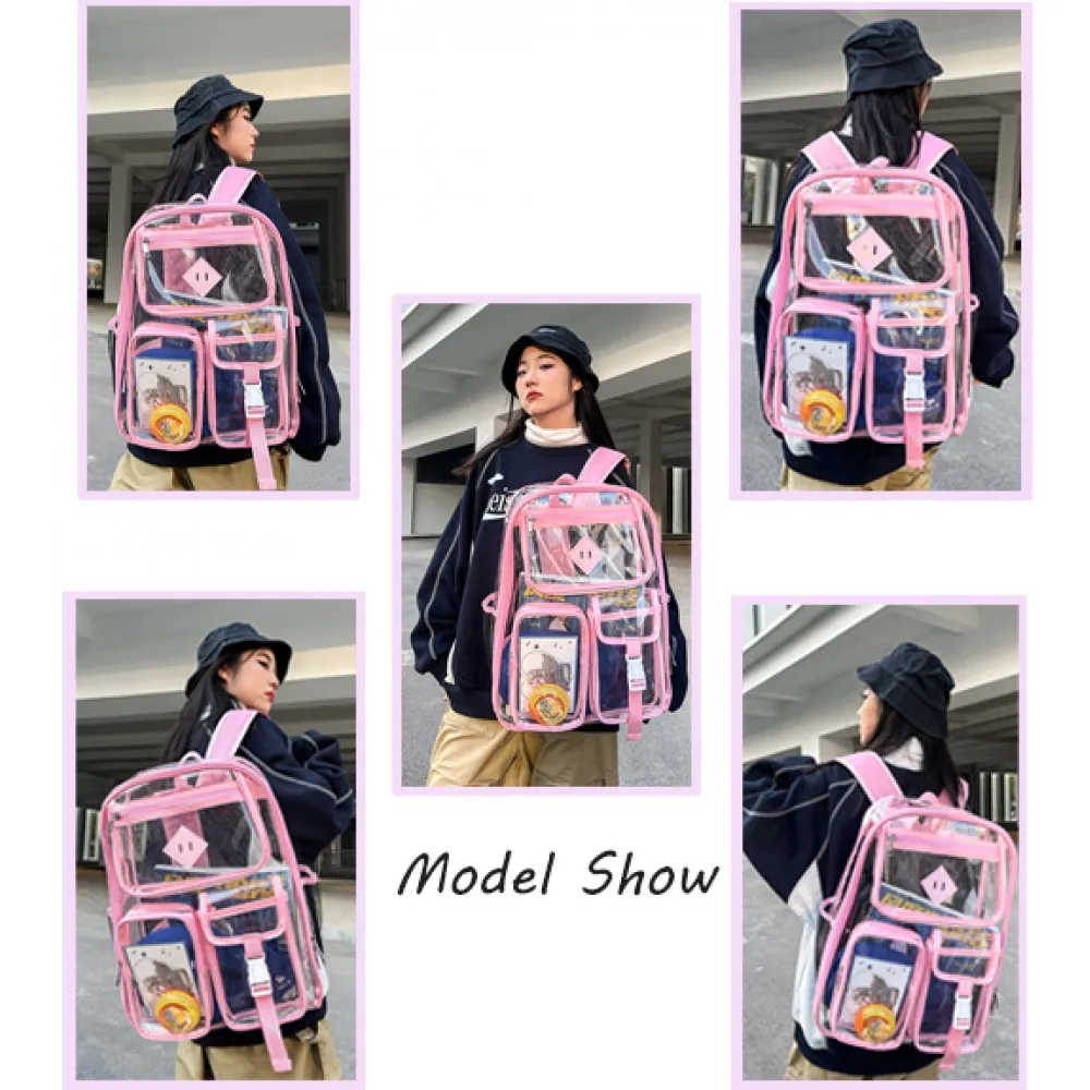 Kids Clear School Backpacks - Black Grey Pink Book Bags For Boys Girls Heavy Duty PVC Transparent Schoolbag For Couples