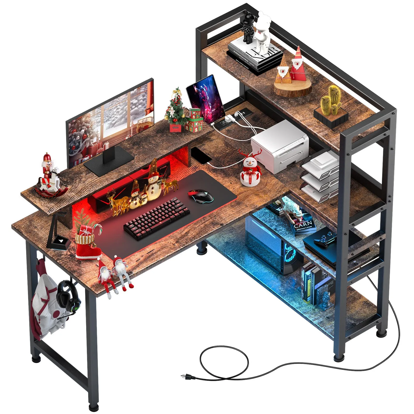 L-Shaped LED Gaming Desk with Monitor Stand
