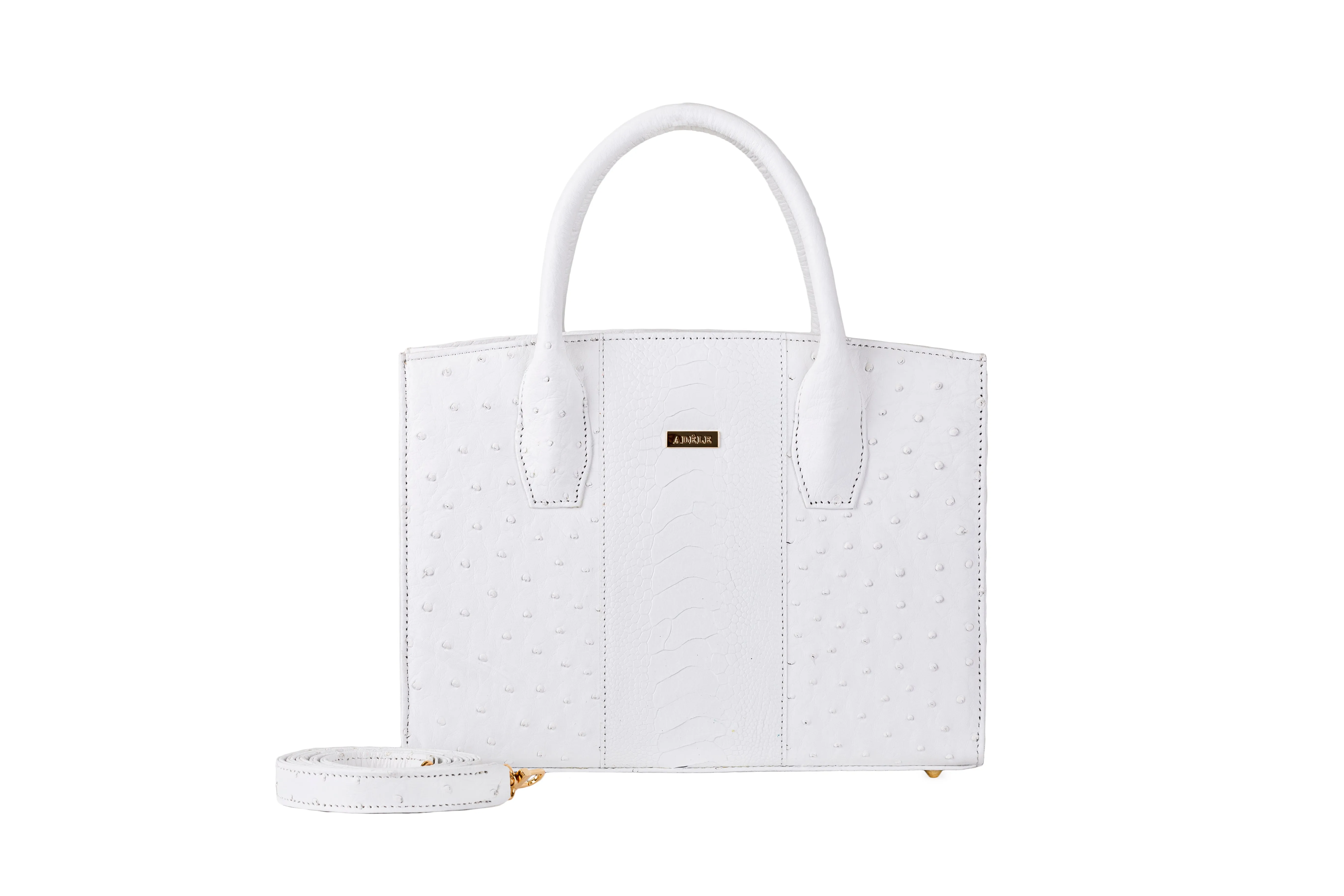 Lauren - Small top handle white ostrich leather tote bag